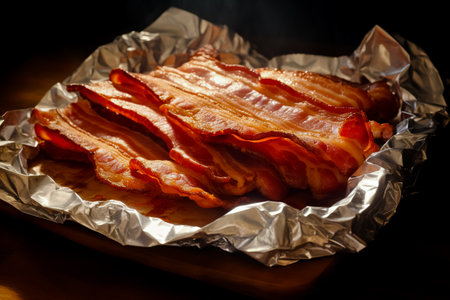 Cooked bacon rashers on parchment. Generative AI.の素材
