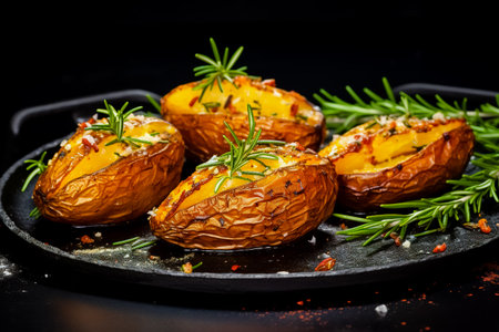 Delicious baked potatoes with rosemary on slate plate, closeup. Generative AI.の素材