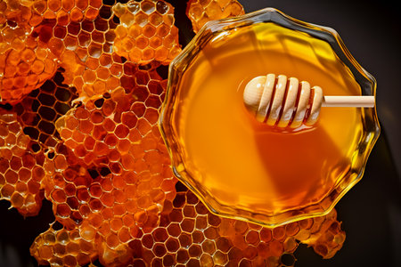 Delicious honey and fresh honeycombs on table, top view. Generative AI.の素材