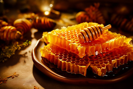 Delicious honey and fresh honeycombs on table. Generative AI.の素材