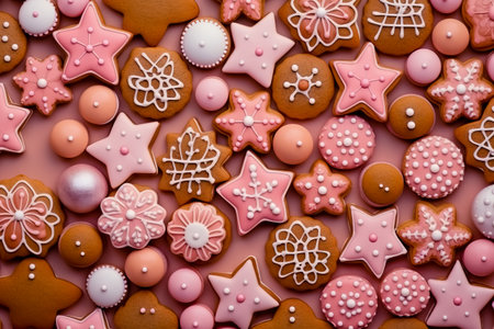 Gingerbread cookies for a children's party in the form of sweets and candies with copy space. Generative AI.の素材
