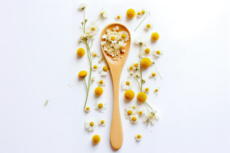 Dried chamomile flowers and wooden spoon on white background. Generative AI.の素材