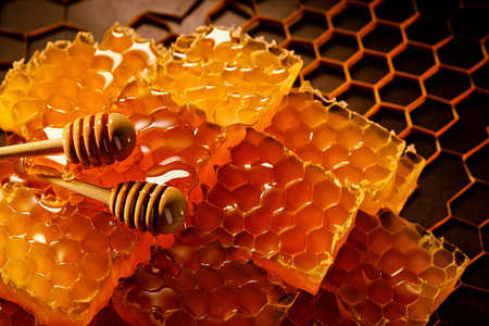 Delicious honey and fresh honeycombs on table, top view. Generative AI.の素材
