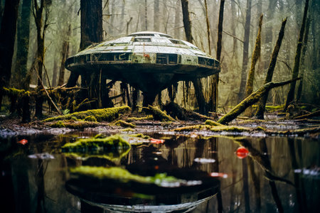 Giant spaceship abandoned in the ground in the middle of the swamp. Generative AI.の素材