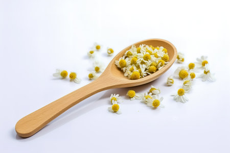 Dried chamomile flowers and wooden spoon on white background. Generative AI.の素材