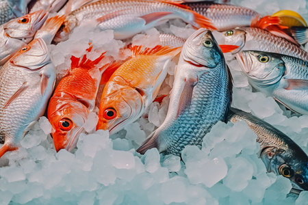 Frozen fish and seafood on ice. Generative AI.の素材