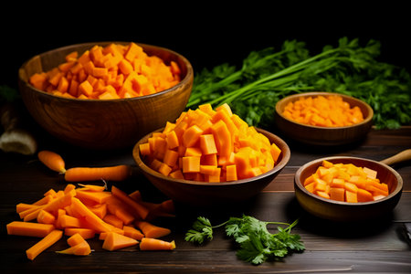 Different cuts of carrots in bowls on wooden background. Generative AI.の素材