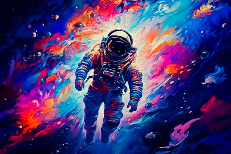 Painting of an astronaut floating in space. Generative AI.の素材