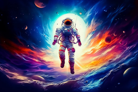Painting of an astronaut floating in space. Generative AI.の素材