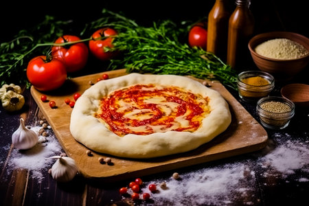 Raw dough for pizza with ingredients and spices on table. Generative AI.の素材