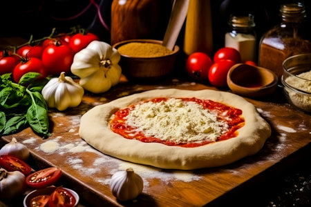 Raw dough for pizza with ingredients and spices on table. Generative AI.の素材