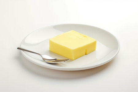 Plate with piece of butter on white background. Generative AI.の素材