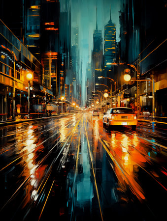Street scene with blurry traffic, glowing car light dots, minimalist abstracts. Generative AI.の素材