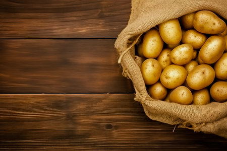 Sack of fresh raw potatoes on wooden background, top view. Generative AI.の素材