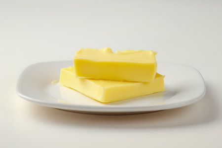 Plate with piece of butter on white background. Generative AI.の素材