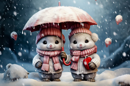 The Christmas card with snowmen holding an umbrella in the snow. Generative AI.の素材