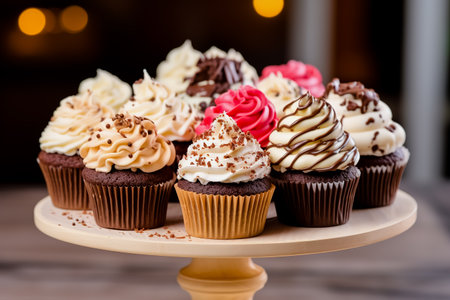 Tasty cupcakes on stand. Generative AI.の素材