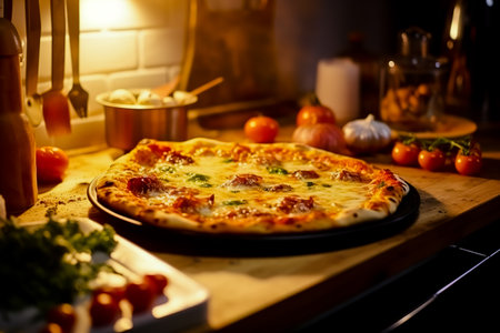 Tasty pizza on table against stove in kitchen. Generative AI.の素材
