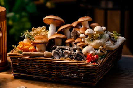 Wicker tray with variety of raw mushrooms on wooden table. Generative AI.の素材