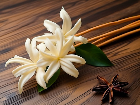 Vanilla sticks and flower on wooden background. Generative AI.の素材
