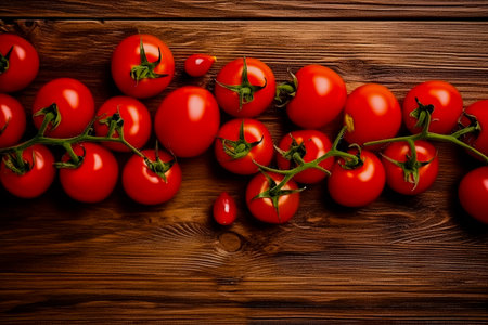 Wooden bottom with tomatoes. Top view. Generative AI.の素材