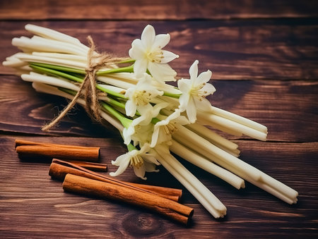 Vanilla sticks and flower on wooden background. Generative AI.の素材