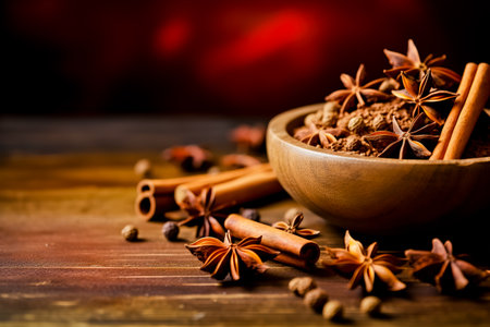 Wooden bowl with cinnamon sticks and anise on table. Generative AI.の素材