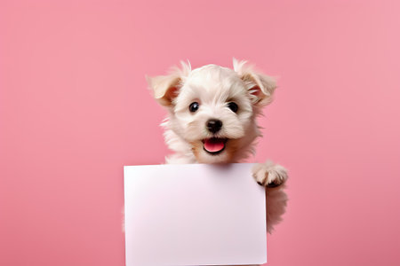 Puppy shows a sheet of paper with, standing on a plain pink background.の素材