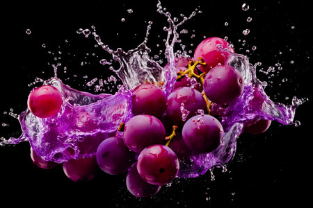 Water splash with grapes on black background.の素材