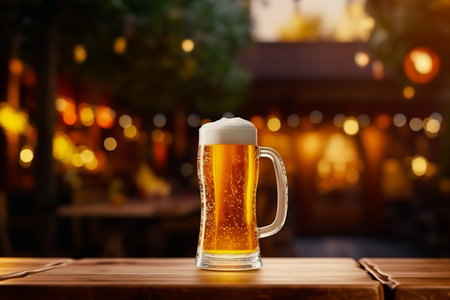 Mug of beer sitting on top of wooden table in restaurant.の素材