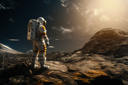 Man in space suit standing on rocky surface red planet Mars.の素材