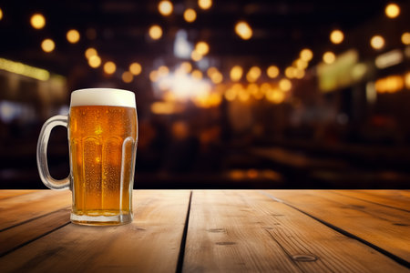 Mug of beer sitting on top of wooden table in restaurant.の素材