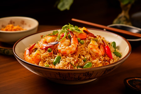 Fried rice with fried prawns, filled in a big white dish, placed on a kitchen table.の素材