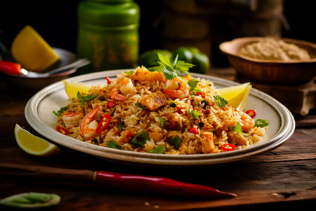 Fried rice with fried prawns, filled in a big white dish, placed on a kitchen table.の素材