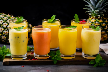 Mango-pineapple smoothies in various glasses.の素材