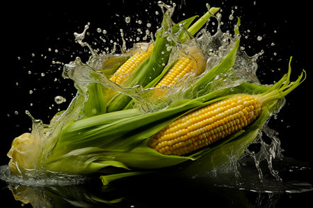 Water splash with corns on black background.の素材