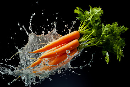 Water splash with carrots on black background.の素材