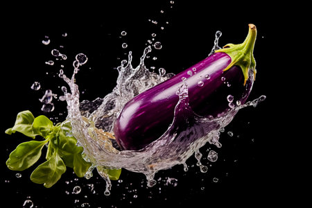 Water splash with eggplant on black background.の素材