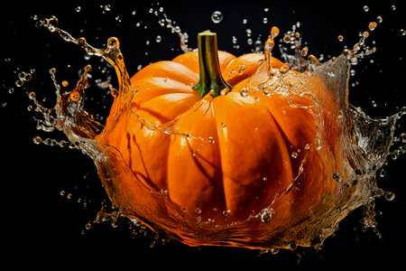 Water splash with pumpkin on black background.の素材
