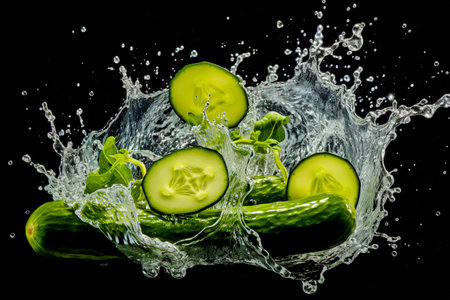 Water splash with cucumbers on black background.の素材