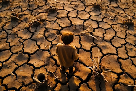Boy are stand holding seedlings are in dry land in a warming world.の素材