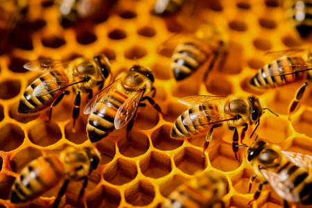 Close-up of bees in a hive on hive frame with nectar in cells.の素材