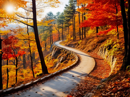 Colorful autumn forest with a winding path.の素材