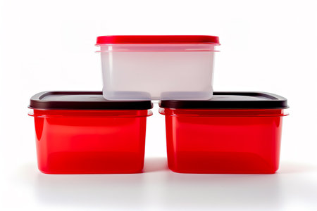 Plastic food storage containers on a white background.の素材
