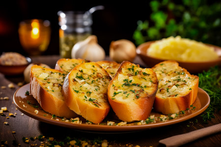 Plate with delicious homemade garlic bread on table. Close up.の素材