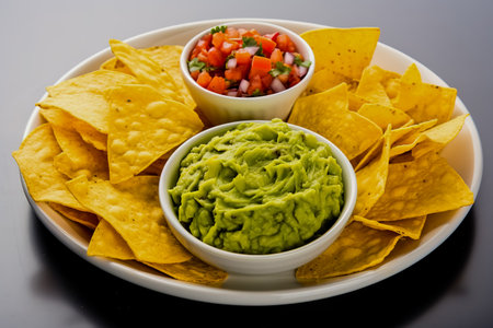 Guacamole, salsa and chips on a round platter.の素材