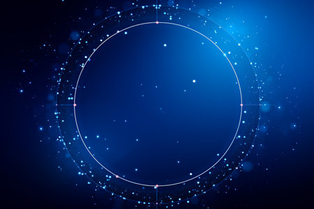 Abstract blue background frame of geometric shapes. Circular ornament. Pattern of dots, particles, molecules, fragments.の素材