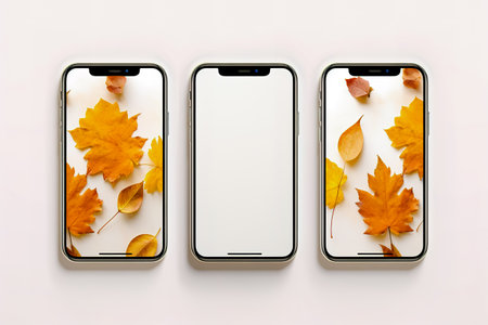 Fall empty phone mockup, transparent white background.の素材