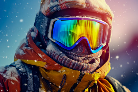 Close up of snowboarder dressed in goggles in the snow.の素材