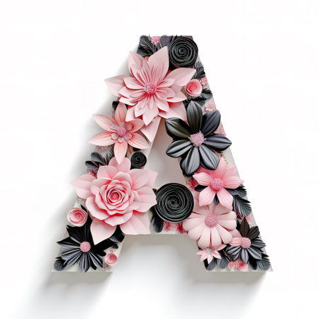 Letter A made out of pink, silver and black, flowers.の素材